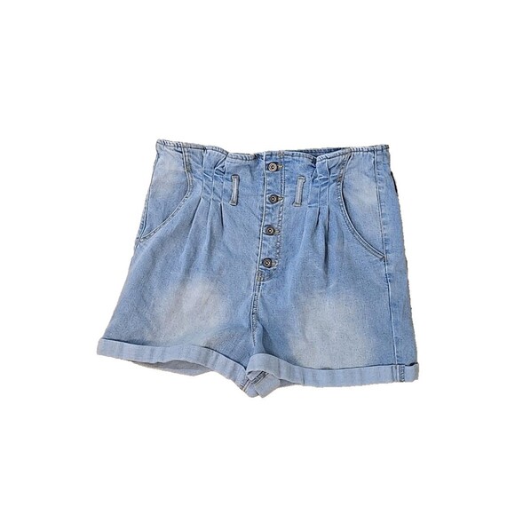 Paperbag Denim Bermuda Shorts Womens 8 High Waisted Blue Pleated Button Fly Cuff - Picture 1 of 8